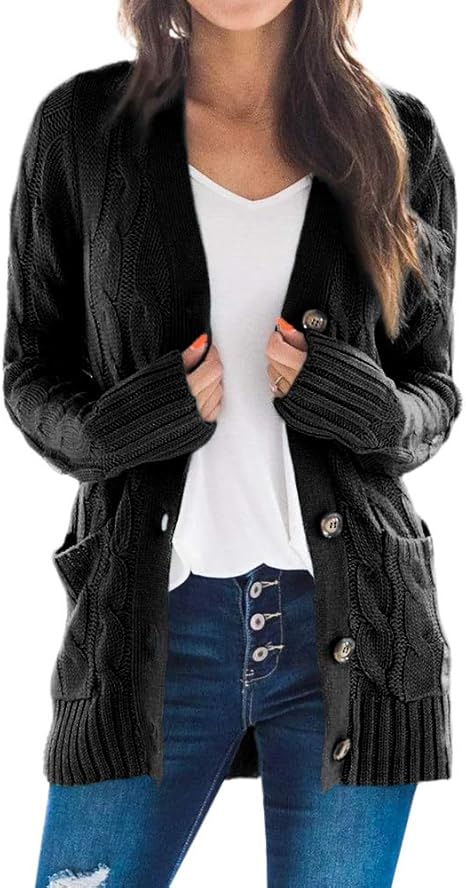 Women's knitted cardigan with long sleeves, front opening, buttoned at the collar, knitted coat