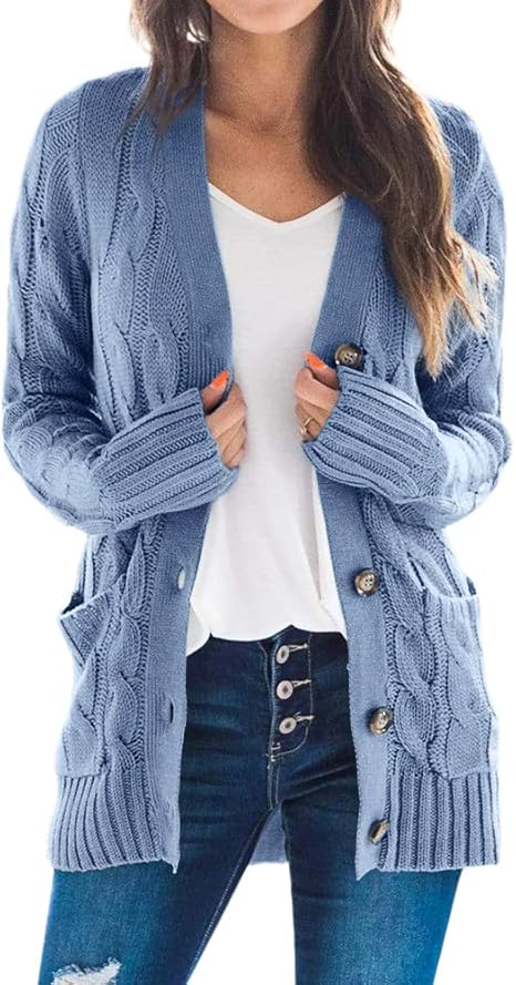 Women's knitted cardigan with long sleeves, front opening, buttoned at the collar, knitted coat