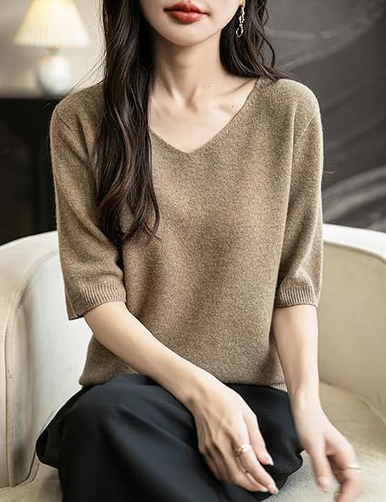 Women's V-Neck 100% Merino Wool Spring Fall Winter First-Line Ready to Wear Seamless Knit Shirt Short Sleeve Sweater