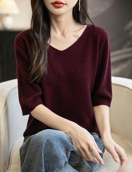 Women's V-Neck 100% Merino Wool Spring Fall Winter First-Line Ready to Wear Seamless Knit Shirt Short Sleeve Sweater