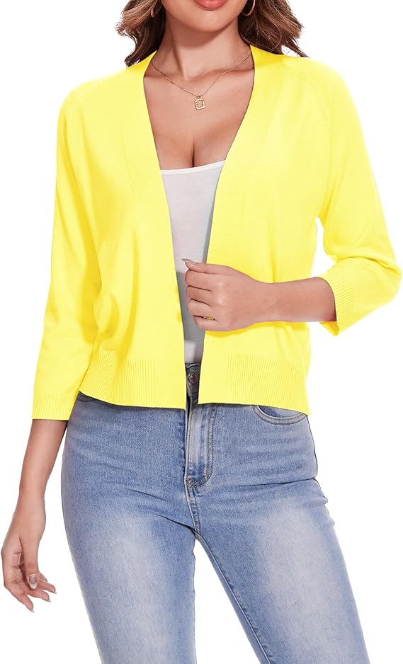Women's 3/4 Sleeve Open Front Cropped Cardigan Solid Shrugs Lightweight Knit Sweater