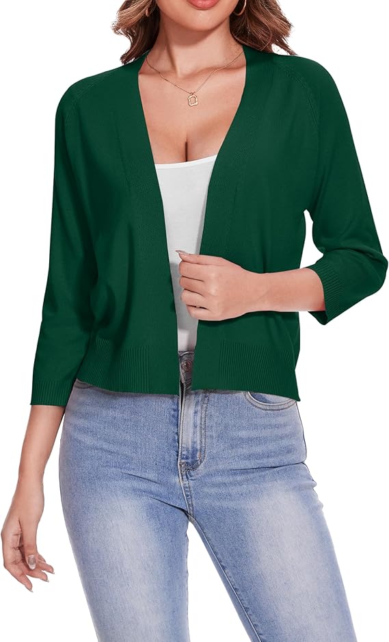 Women's 3/4 Sleeve Open Front Cropped Cardigan Solid Shrugs Lightweight Knit Sweater